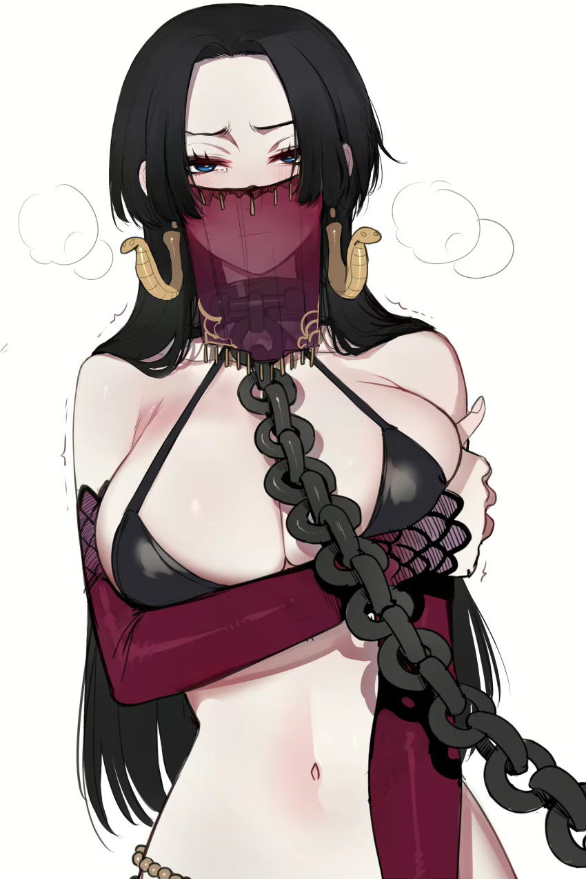 1girl absurdres bdsm black_bra black_hair blue_eyes blush boa_hancock bra breasts chain chain_leash cleavage collar highres large_breasts leash navel one_piece ratatatat74 slave tearing_up underwear veil