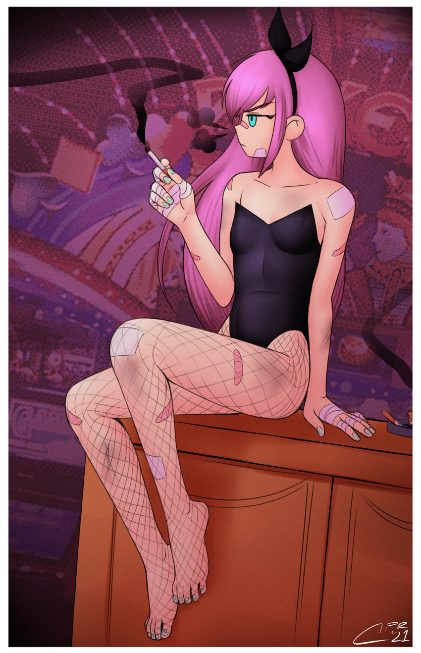 1girl absurdres alternate_costume aqua_eyes aqua_nails arm_support aubrey_(faraway)_(omori) aubrey_(omori) bandaged_hand bandages bandaid bandaid_on_arm bandaid_on_face bandaid_on_leg bandaid_on_nose bandaid_on_shoulder bandaid_on_thigh bare_arms bare_shoulders black_hairband black_leotard bow_hairband breasts bruise bruise_on_arm bruise_on_leg cabronpr cigarette closed_mouth collarbone commentary counter english_commentary fishnet_pantyhose fishnets frown full_body hairband hand_up highres holding holding_cigarette injury leotard long_hair looking_to_the_side nail_polish no_shoes omocat_(style) omori pantyhose pink_hair profile sitting small_breasts smoke solo strapless strapless_leotard toenail_polish toenails toes v-shaped_eyebrows vignetting