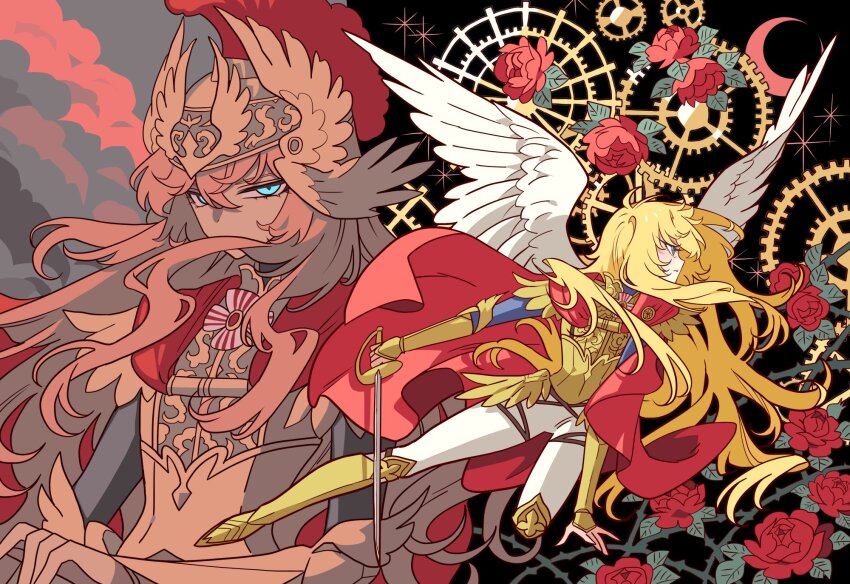 1girl alternate_costume blonde_hair blue_eyes cape closed_mouth feathered_wings floating_hair flower hair_between_eyes hair_over_mouth highres holding holding_sword holding_weapon long_hair meremero oscar_francois_de_jarjayes pants profile rapier red_cape red_flower solo sword versailles_no_bara very_long_hair weapon white_pants white_wings wings