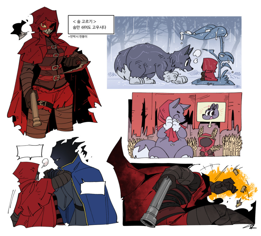1boy 1girl arm_up big_and_will_be_bad_wolf black_gloves black_jacket brown_vest cape colored_skin der_freischuetz_(project_moon) flaming_head force_(4sk_force) gloves gun holding holding_gun holding_weapon jacket korean_text leaf leaf_umbrella little_red_riding_hooded_mercenary lobotomy_corporation looking_at_viewer mini_person minigirl project_moon rain red_cape red_shorts red_skin shorts simple_background smoke translation_request vest weapon wheat white_background wolf