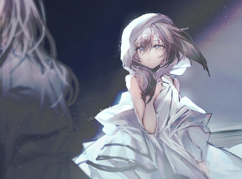 2girls animal_ears arknights bare_shoulders brown_hair colored_tips commentary_request dark_background dress fumi_(rdbm) grey_eyes hierda_(arknights) highres hood hood_up hooded_dress light_particles multicolored_hair multiple_girls partial_commentary priestess_(arknights) rabbit_ears rabbit_girl solo_focus white_dress