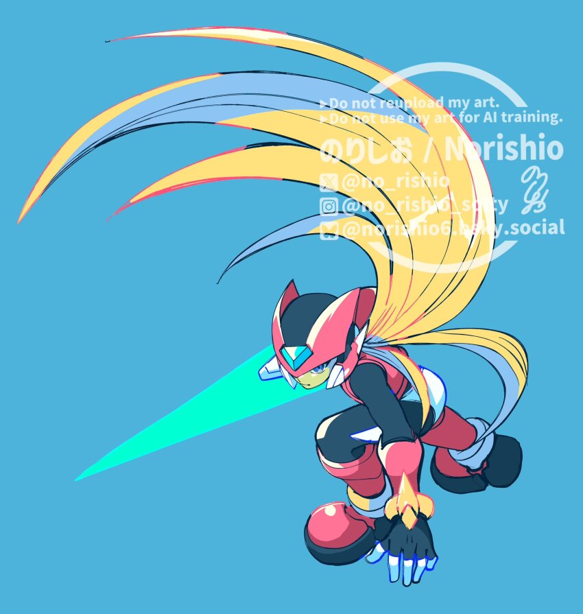 1boy android armor blonde_hair blue_background energy_sword forehead_jewel full_body helmet highres long_hair mega_man_(series) mega_man_zero_(series) no-rishio red_armor red_helmet simple_background solo sword weapon z_saber zero(z)_(mega_man) zero_(mega_man)