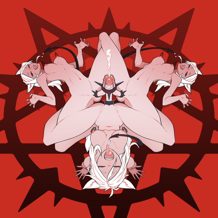 3futa animal_ears bad_id bad_pixiv_id breasts cerberus_(helltaker) closed_eyes commentary cum demon_girl demon_tail dog_ears ejaculation erection futa_with_futa futanari helltaker highres long_hair medium_breasts multiple_futa nipple_piercing nipples nude open_mouth penis penises_touching pentagram piercing projectile_cum red_background revision tail tailbox testicles tongue tongue_out triplets uncensored white_hair