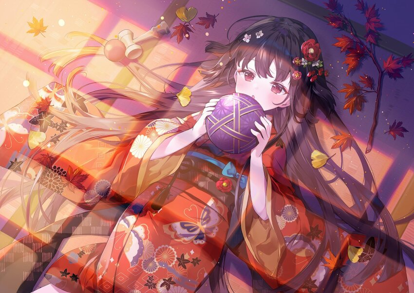1girl asmr ball black_hair blue_bow bow feet_out_of_frame flower from_above hair_flower hair_ornament hands_up holding holding_ball ibara_riato japanese_clothes kendama kimono leaf long_hair looking_at_viewer lying maple_leaf obi on_back open_mouth original red_eyes red_kimono sash solo sunlight temari_ball