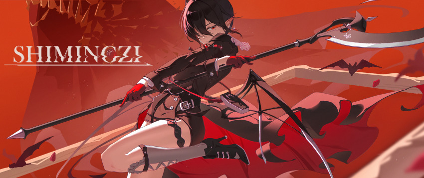 1girl arknights bat_(animal) belt black_cape black_dress black_hair cape dress earrings enoharatoki entelechia_(arknights) gloves hair_between_eyes highres holding holding_scythe jewelry long_sleeves looking_at_viewer mole mole_under_eye pointy_ears red_eyes red_gloves scythe short_hair solo thigh_strap wide_shot