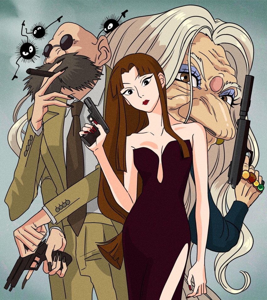 1boy 2girls bald bare_shoulders big_nose brown_eyes closed_mouth commentary_request cowboy_shot dress extra_arms eyelashes facial_hair formal_clothes gun highres holding holding_gun holding_weapon jewelry kamajii lin_(sen_to_chihiro_no_kamikakushi) long_hair low_ponytail multiple_girls mustache ponytail red_lips rikaco1988 ring sen_to_chihiro_no_kamikakushi side_slit suit sunglasses susuwatari weapon yubaba