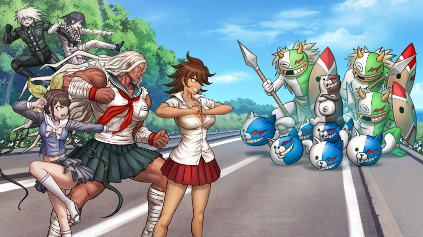 2boys 3girls ahoge android animal_ears armor artist_request bandaged_arm bandaged_leg bandages black_footwear black_hair blue_eyes blue_sailor_collar blue_shirt blue_skirt blue_sky bow bowtie breast_pocket breasts brown_eyes brown_hair bush cat_ears chabashira_tenko checkered_clothes checkered_scarf cleavage clenched_hand clenched_hands closed_mouth cloud collared_shirt danganronpa:_trigger_happy_havoc danganronpa_(series) danganronpa_2:_goodbye_despair danganronpa_s:_ultimate_summer_camp danganronpa_v3:_killing_harmony dark-skinned_female dark_skin fang fighting_stance fist_in_hand floral_print game_cg gangstakuma green_ribbon grin hair_ornament hair_ribbon hairband highres holding holding_polearm holding_shield holding_weapon horns jumping k1-b0 kneehighs large_breasts locked_arms long_hair long_sleeves medium_hair monokuma monokumamel multiple_boys multiple_girls muscular muscular_female neckerchief official_art ogami_sakura oma_kokichi open_mouth owari_akane pants pocket pointing polearm power_armor purple_eyes purple_hairband red_neckerchief red_skirt ribbon road sailor_collar sandals scar scar_on_arm scar_on_face scarf school_uniform serafuku shield shirt short_sleeves skirt sky smile socks standing stuffed_animal stuffed_toy tail teddy_bear teeth third-party_source toned toned_female torn_clothes torn_shirt torn_sleeves tree twintails upper_teeth_only v-shaped_eyebrows weapon white_bow white_bowtie white_hair white_pants white_sailor_collar white_shirt white_socks wristband