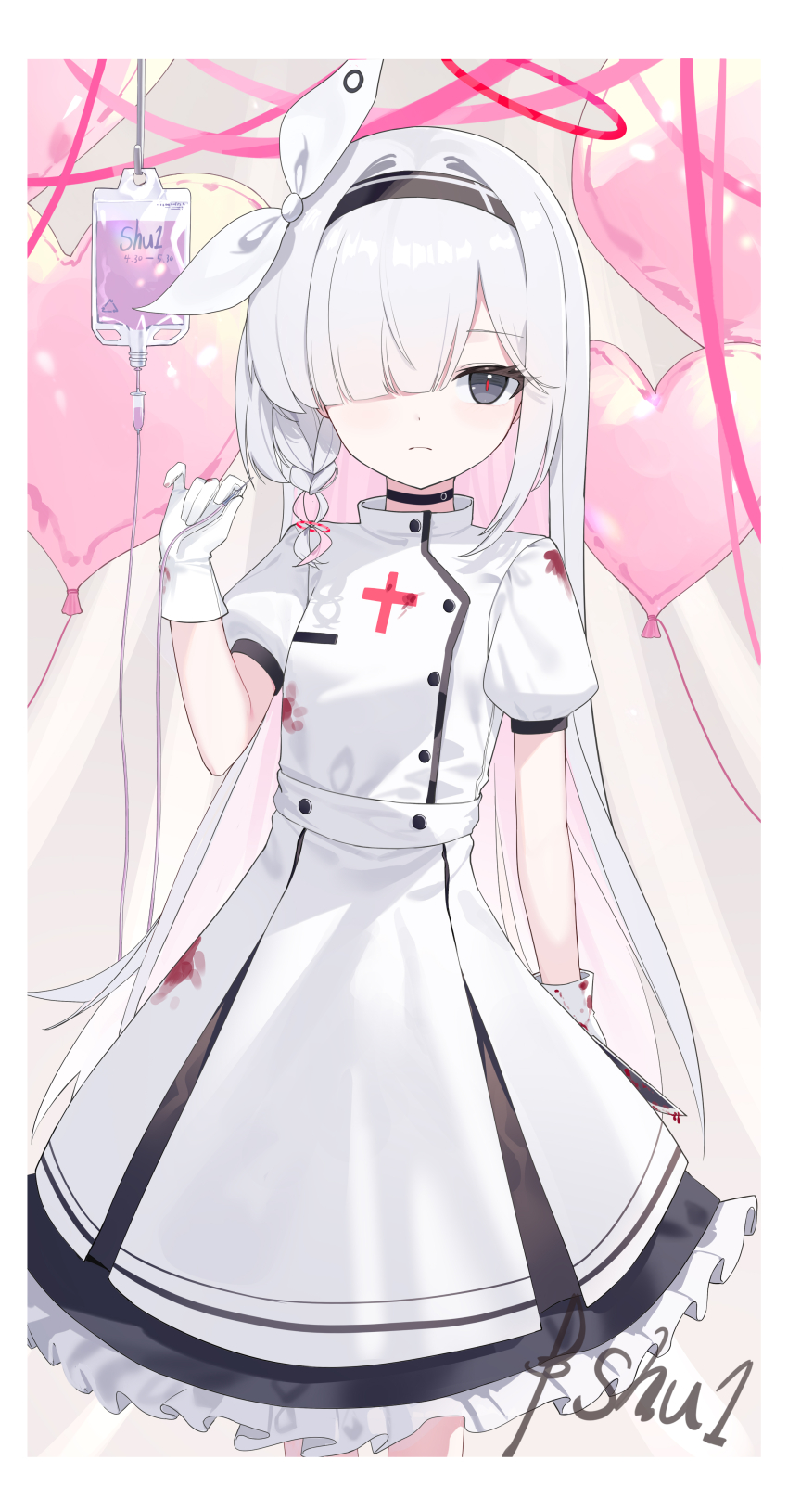 1girl absurdres balloon black_choker black_eyes black_hairband blood blue_archive bow braid choker closed_mouth gloves hair_bow hairband halo highres holding infirmary long_hair luo_shu nurse plana_(blue_archive) red_halo white_bow white_gloves white_hair