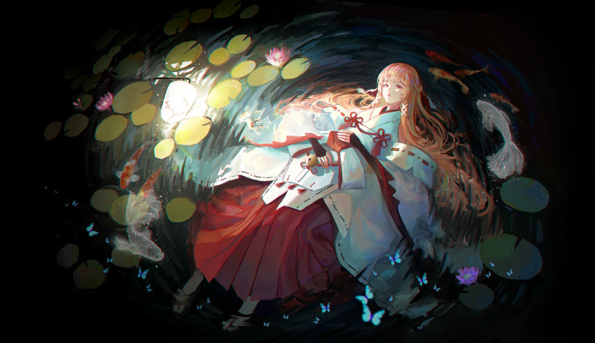 1girl absurdres fish flower hair_ornament hakama hakama_skirt highres huge_filesize japanese_clothes kayakooooo lily_pad long_hair long_sleeves looking_at_viewer lotus lotus_pedestal lying md5_mismatch miko red_eyes red_hakama resolution_mismatch skirt source_larger water water_lily_flower