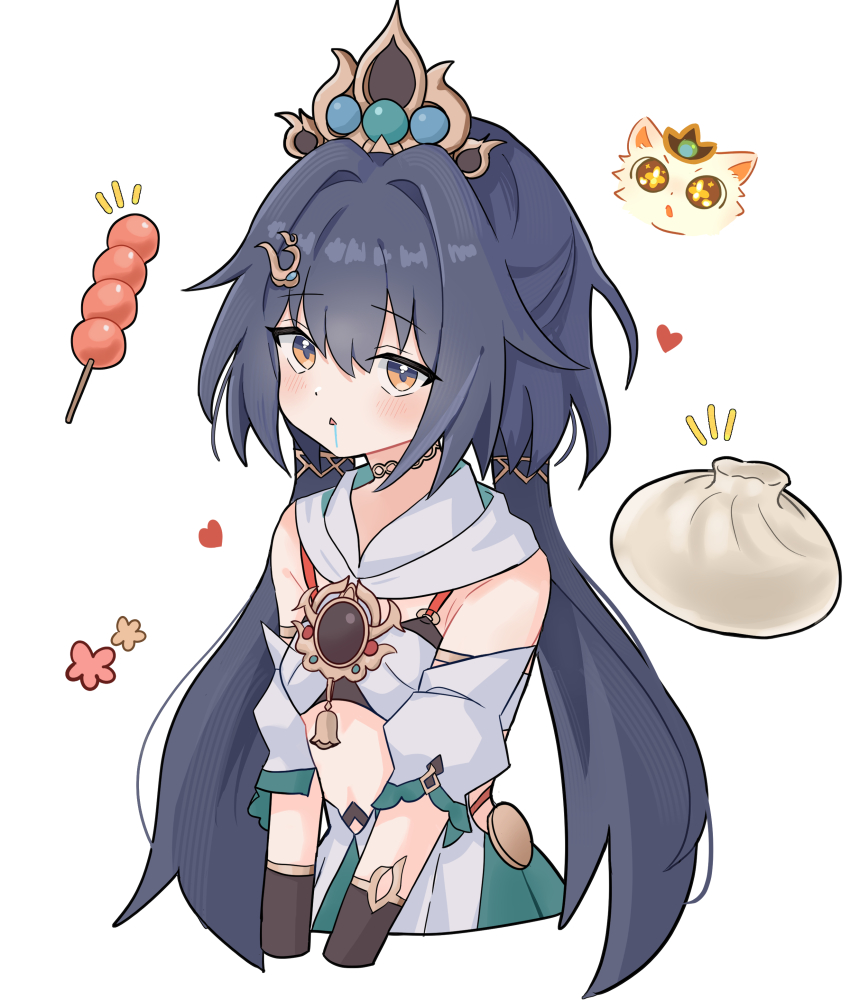1girl absurdres animalization bare_shoulders black_bra bra cat chinese_clothes commentary detached_sleeves drooling food grey_hair hair_between_eyes hair_ornament hairclip headpiece heart highres hoduttang honkai:_star_rail honkai_(series) long_hair looking_at_viewer low_twintails open_mouth person_and_animalization simple_background skewer solo steamed_bun tanghulu twintails underwear white_background yellow_eyes yunli_(honkai:_star_rail)