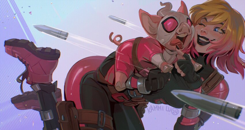 1girl animal artist_name black_bodysuit black_gloves black_lips blonde_hair blue_eyes bodysuit bullet cheek_poking clothed_animal commentary cosplay fingerless_gloves gloves gwenpool gwenpool_(cosplay) highres kammi_lu marvel multicolored_hair one_eye_closed open_mouth pig pink_bodysuit pink_hair pink_shoes poking shoes short_hair symbol-only_commentary teeth two-tone_bodysuit two-tone_hair upper_teeth_only weapon