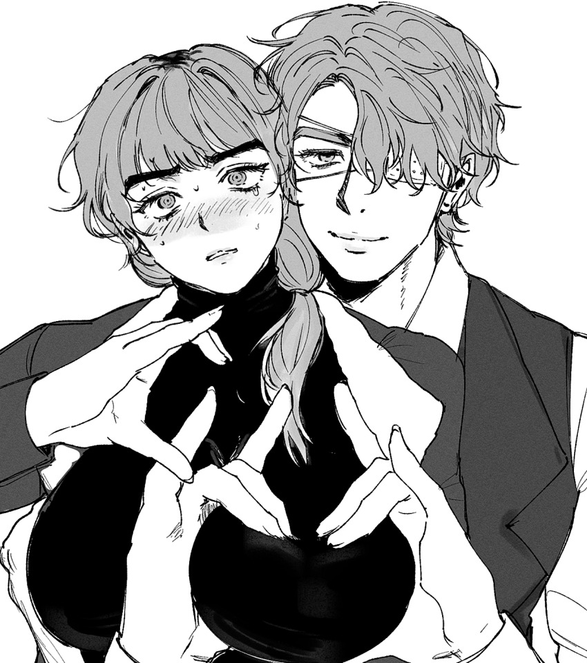 0rushr1de 1boy 1girl behind_another blush breasts closed_mouth daan_(fear_&amp;_hunger) eyepatch fear_&amp;_hunger_(series) fear_&amp;_hunger_2:_termina greyscale hashtag-only_commentary heart-shaped_boob_challenge heart_hands_failure hetero highres jacket karin_(fear_&amp;_hunger) large_breasts looking_at_viewer medical_eyepatch medium_hair monochrome parted_lips ponytail short_hair simple_background smile upper_body vest white_background