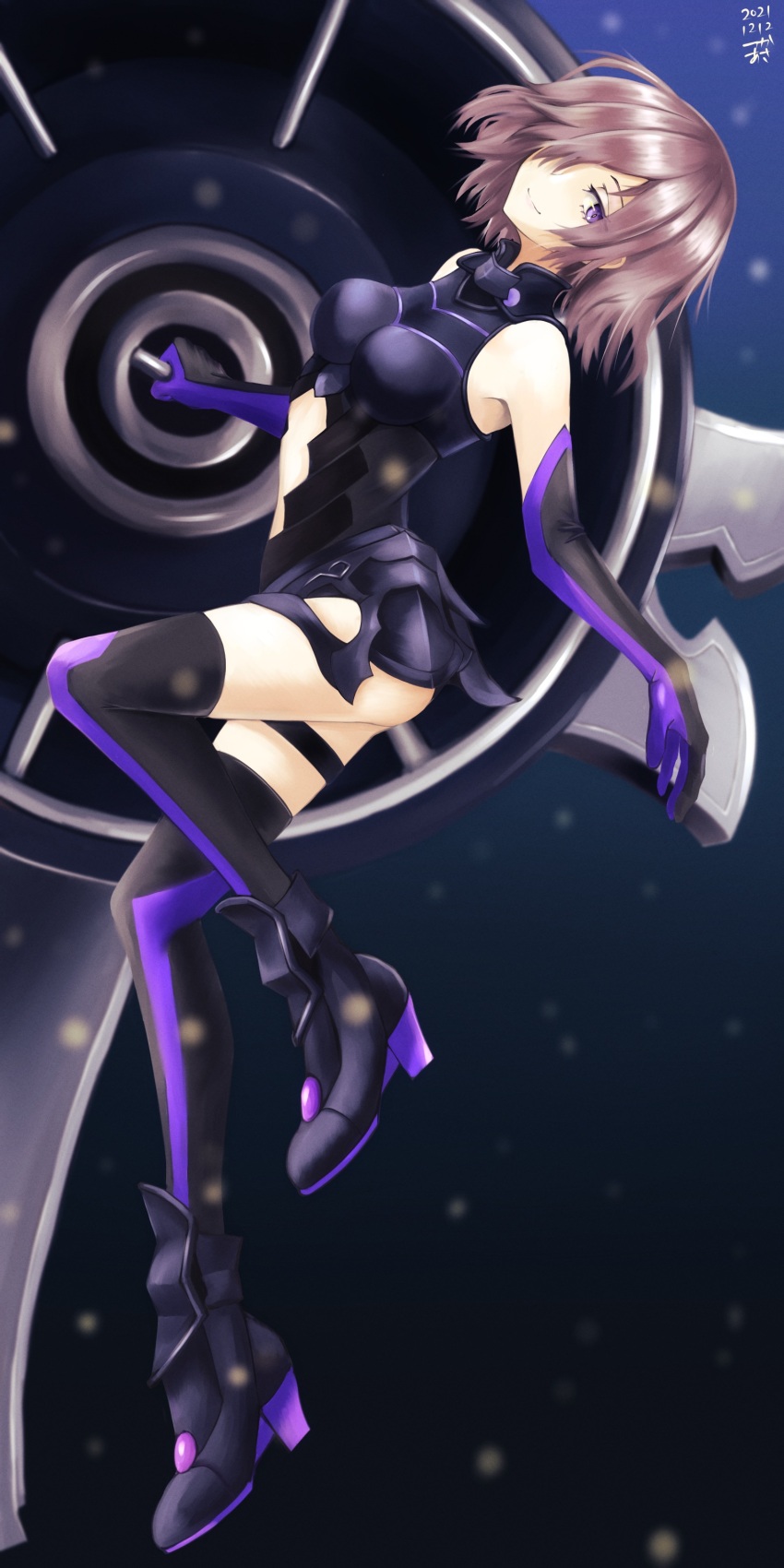 1girl absurdres armored_leotard bare_shoulders black_boots black_gloves black_leotard black_thighhighs blue_background boots breasts closed_mouth clothing_cutout commentary_request dated elbow_gloves fate/grand_order fate_(series) gloves hair_over_one_eye highres holding holding_shield knee_up large_breasts leotard looking_at_viewer lord_camelot_(fate) mash_kyrielight mash_kyrielight_(demi-servant) multicolored_boots one_eye_covered pink_hair purple_boots purple_eyes purple_gloves purple_thighhighs shield short_hair smile solo thigh_strap thighhighs tsukaasa two-tone_boots two-tone_gloves two-tone_thighhighs
