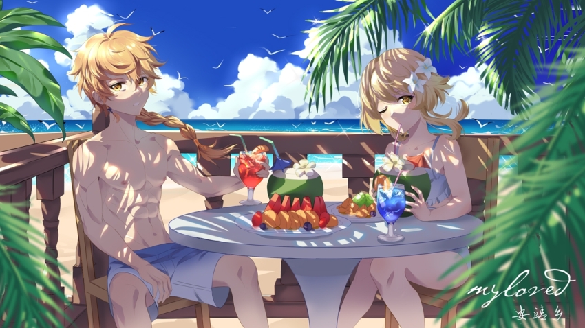 1boy 1girl abs aether_(genshin_impact) anjingxiang beach blonde_hair blue_male_swimwear braid breasts chair coconut desk drinking_straw earrings flower food fruit genshin_impact glass hair_between_eyes hair_flower hair_ornament jewelry lumine_(genshin_impact) male_swimwear medium_breasts multicolored_male_swimwear muscular muscular_male navel ocean one_eye_closed stomach topless_male yellow_eyes