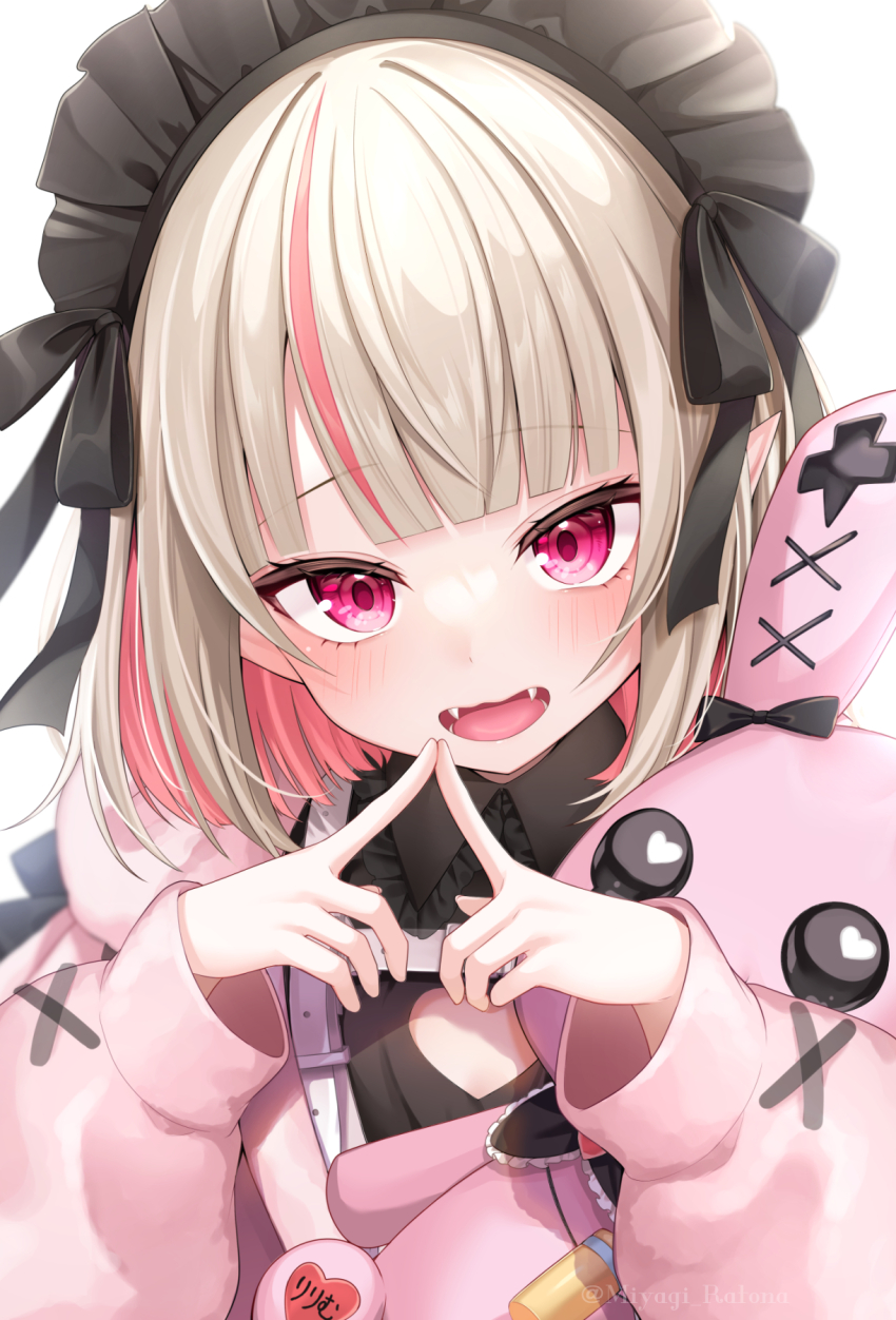 1girl black_dress black_headdress black_ribbon bloom blunt_bangs blush bob_cut chest_harness cleavage_cutout clothing_cutout collared_dress colored_inner_hair dress fangs frilled_shirt_collar frills grey_hair harness heart_cutout highres holding holding_stuffed_toy index_fingers_together jacket looking_at_viewer maid maid_headdress makaino_ririmu makaino_ririmu_(5th_costume) medium_hair miyagi_ratona multicolored_hair nijisanji open_clothes open_jacket open_mouth pink_hair pink_jacket pocket pointy_ears red_eyes ribbon simple_background sleeves_past_wrists smile solo streaked_hair stuffed_animal stuffed_rabbit stuffed_toy twitter_username upper_body upturned_eyes virtual_youtuber white_background
