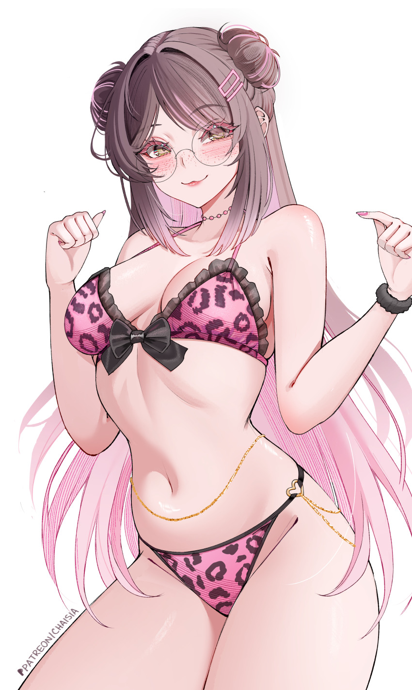1girl absurdres bare_shoulders bikini black-framed_eyewear black_bow black_scrunchie blush bow bow_bikini breasts breasts_apart brown_eyes brown_hair chaisia_art closed_mouth collarbone commentary double_bun english_commentary fingernails glasses gradient_hair hair_bun hands_up highres long_hair medium_breasts michi_(chaisia_art) multicolored_hair nail_polish navel original paid_reward_available patreon_username pink_bikini pink_hair pink_nails round_eyewear scrunchie simple_background smile solo stomach swimsuit very_long_hair white_background