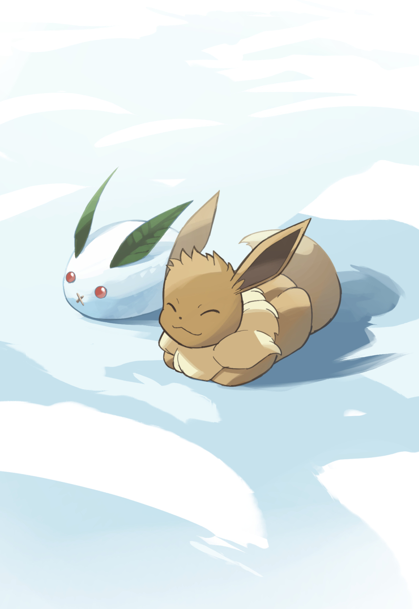 animal_focus brown_fur closed_eyes closed_mouth commentary creatures_(company) eevee game_freak gen_1_pokemon highres nintendo no_humans pokemon pokemon_(creature) red_eyes sitting smile snow_rabbit tail yamaori_(hakkentai_pokedan)
