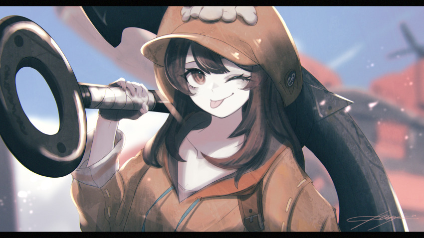 1girl :p anchor brown_eyes brown_hair newsboy_cap collarbone fingerless_gloves gloves guilty_gear guilty_gear_strive hat hat_ornament highres holding holding_anchor hood hoodie jacket may_(guilty_gear) one_eye_closed orange_hat orange_hoodie orange_jacket orange_shirt pirate portrait shirt skull_and_crossbones skull_hat_ornament solo sutorobo72 tongue tongue_out