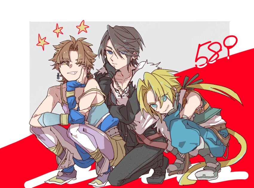 3boys bare_shoulders bartz_klauser black_gloves black_jacket black_pants blonde_hair blue_eyes blue_pants blue_vest boots brown_hair commentary elbow_rest final_fantasy final_fantasy_ix final_fantasy_v final_fantasy_viii full_body fur-trimmed_jacket fur_trim gloves grin hand_on_own_cheek hand_on_own_face head_rest in-franchise_crossover jacket looking_at_viewer low_ponytail male_focus monkey_tail multiple_boys one_eye_closed open_clothes open_jacket oshibainoticket pants parted_bangs ponytail scar scar_on_face shirt short_hair smile squall_leonhart squatting star_(symbol) tail vest white_shirt zidane_tribal