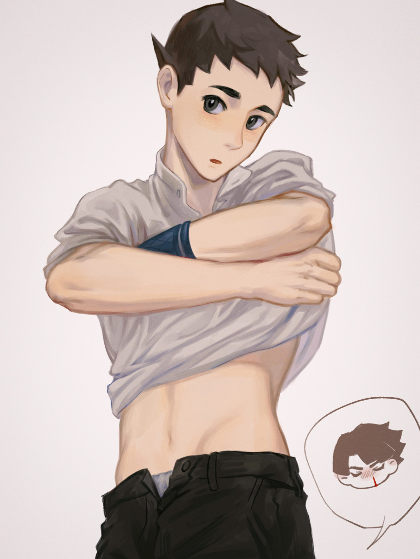 2boys ace_attorney aroused_nosebleed black_eyes black_pants brown_hair chibi chibi_inset chinese_commentary closed_eyes commentary_request cowboy_shot grey_background grey_male_underwear highres kaze_(yznyttdgs) kazuma_asogi male_focus male_underwear male_underwear_peek multiple_boys nosebleed open_fly open_mouth pants ryunosuke_naruhodo shirt short_bangs short_hair short_sleeves simple_background solo_focus speech_bubble the_great_ace_attorney underwear undressing white_shirt wispy_bangs yaoi