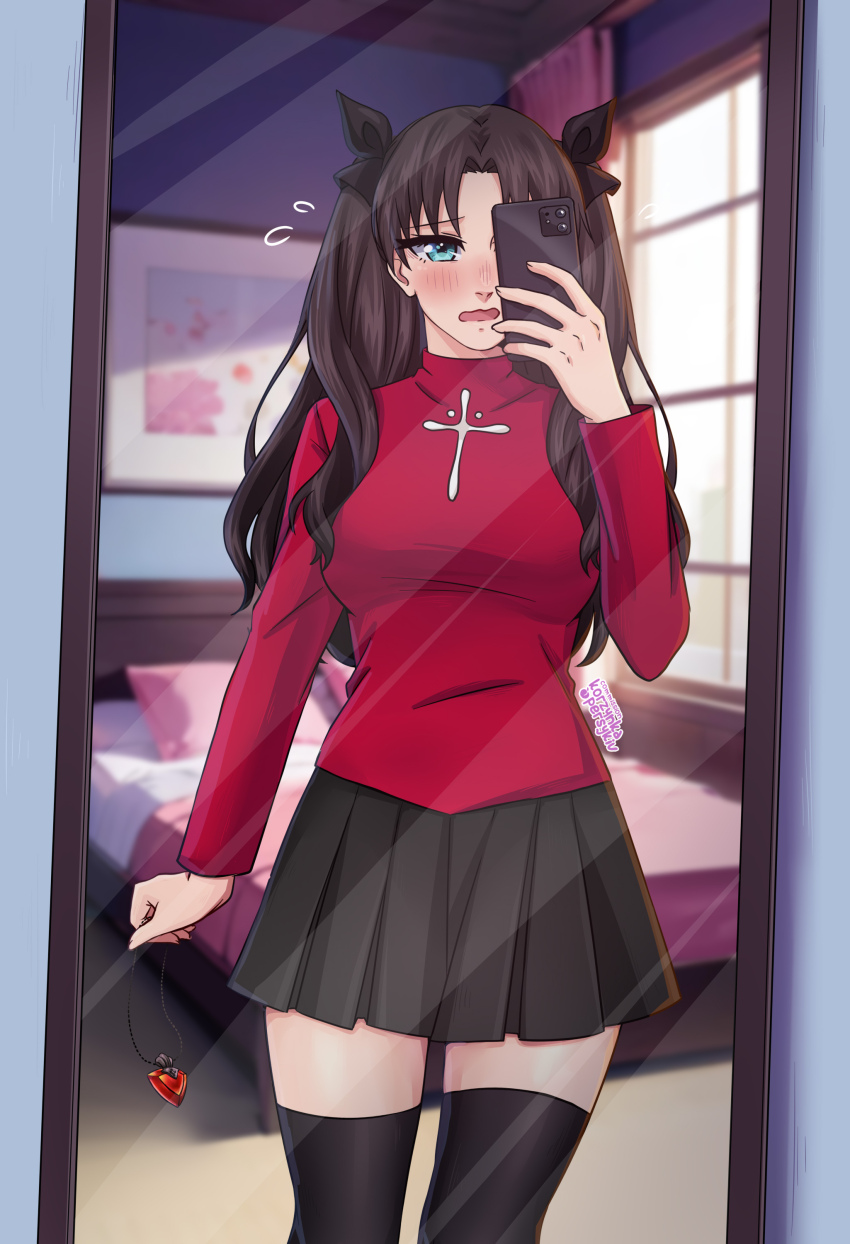 1girl absurdres alternate_breast_size bad_link bed black_thighhighs blush breasts cellphone commission cowboy_shot fate/stay_night fate_(series) flying_sweatdrops highres holding holding_jewelry holding_necklace holding_phone jewelry korzynka_persykiv long_hair medium_breasts miniskirt mirror necklace phone pleated_skirt red_shirt shirt signature skirt smartphone solo thighhighs tohsaka_rin turtleneck turtleneck_shirt two_side_up wavy_mouth window zettai_ryouiki