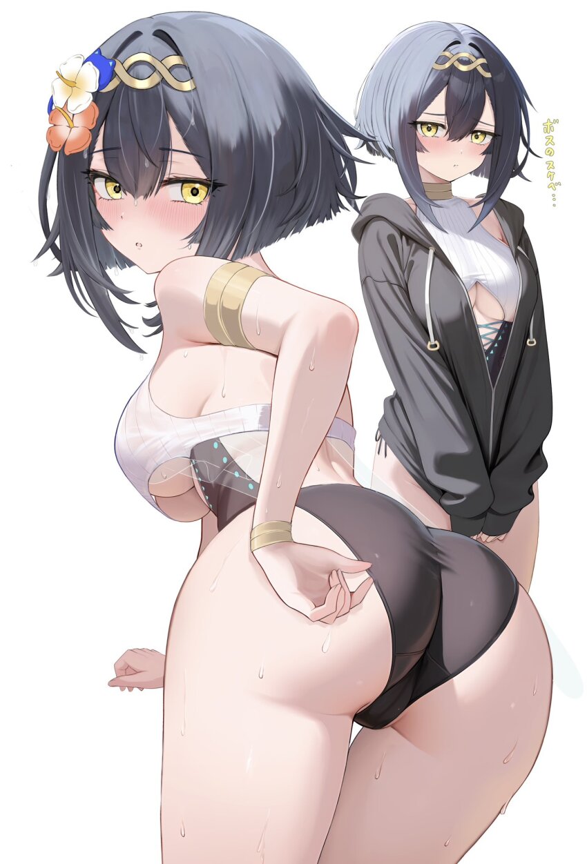 1girl adjusting_clothes adjusting_swimsuit amber_(stella_sora) armlet ass black_hair black_hoodie black_one-piece_swimsuit blush bracelet breasts cleavage clothing_cutout commentary flower hair_flower hair_intakes hair_ornament halterneck headpiece highres hood hoodie jewelry large_breasts looking_at_viewer medium_hair multiple_views official_alternate_costume one-piece_swimsuit parted_lips partially_unzipped ryouta_(ryouta335) stella_sora swimsuit thigh_gap thighs translated two-tone_one-piece_swimsuit underboob underboob_cutout wet white_one-piece_swimsuit yellow_eyes
