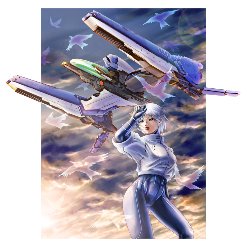 1girl bird blue_eyes bodysuit breasts cenes_crawford cloud cloudy_sky cropped_jacket highres key-chang kinei lips rvr-01_gauntlet sega short_hair skin_tight sky spacecraft starfighter thunder_force thunder_force_v white_hair
