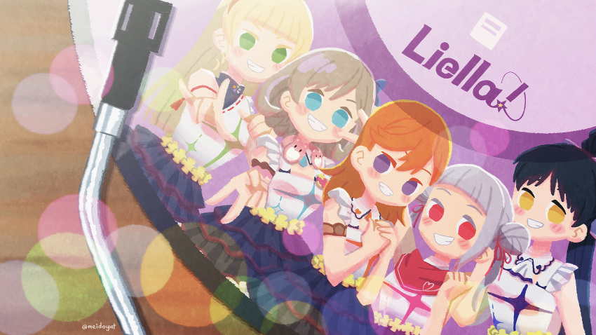 5girls :d \m/ arashi_chisato arched_bangs black_hair blonde_hair blue_eyes blue_skirt blunt_bangs blush brown_hair commentary_request frilled_shirt frilled_skirt frills green_eyes grey_hair grin group_name hairband hajimari_wa_kimi_no_sora hazuki_ren heanna_sumire high_ponytail highres long_hair looking_at_viewer love_live! love_live!_superstar!! meidosan miniskirt multiple_girls open_mouth orange_eyes orange_hair own_hands_clasped own_hands_together phonograph ponytail record red_eyes red_hairband shibuya_kanon shirt sidelocks skirt sleeveless sleeveless_shirt smile swept_bangs tang_keke turntable w_arms white_shirt yellow_eyes
