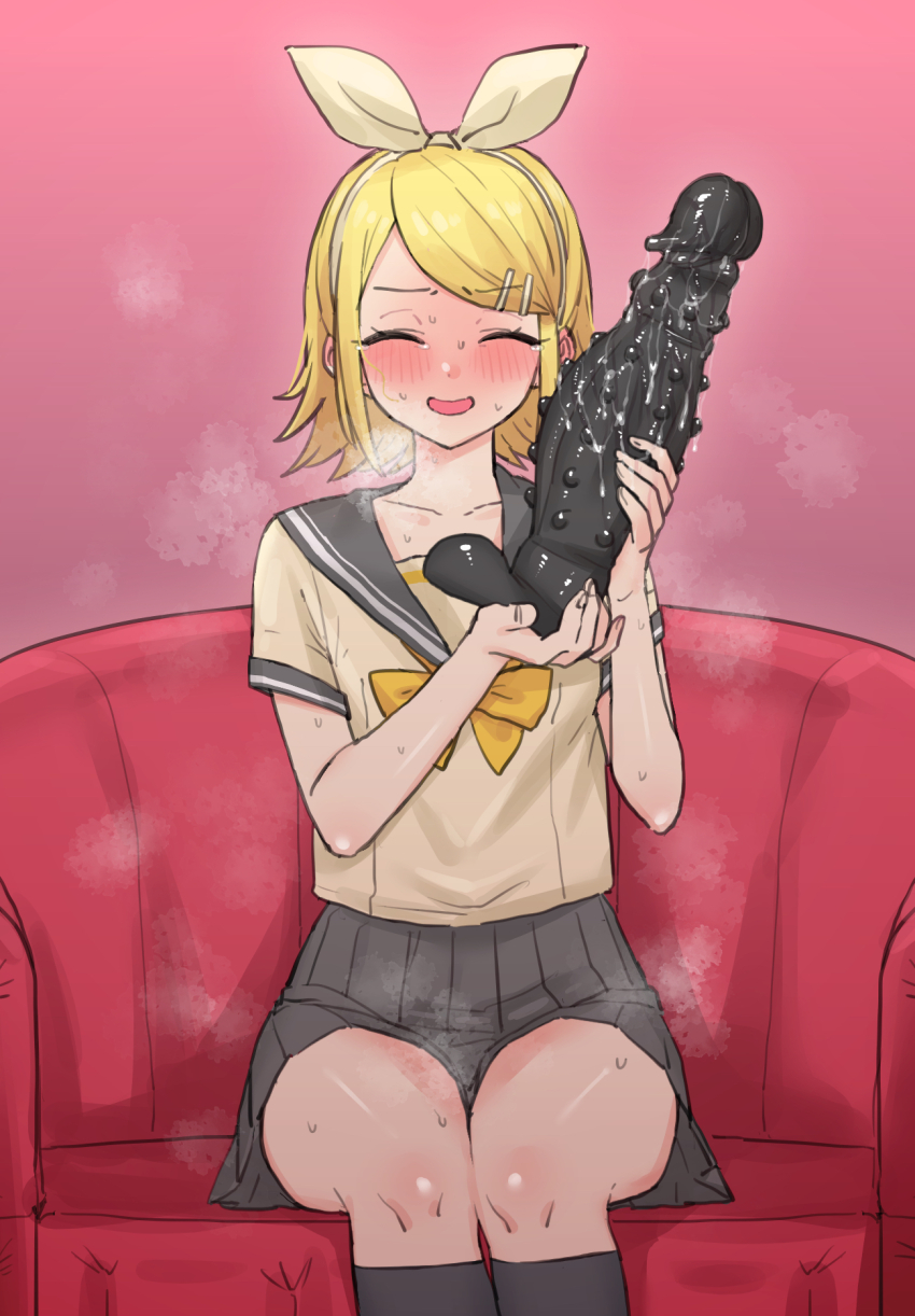 1girl after_masturbation akkgsyk black_socks blonde_hair blush bow bowtie closed_eyes collarbone couch dildo eyelashes feet_out_of_frame grey_sailor_collar grey_skirt hair_bow hair_ornament hairband hairclip hands_up highres holding holding_sex_toy huge_dildo kagamine_rin legs_together medium_hair miniskirt open_mouth pink_background pleated_skirt pussy_juice sailor_collar school_uniform serafuku sex_toy short_sleeves sidelocks sitting skirt socks solo spiked_dildo steaming_body sweatdrop swept_bangs thighs vocaloid white_hairband yellow_bow yellow_bowtie