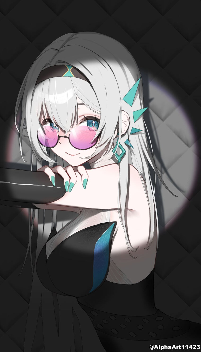 1girl absurdres alphaart bare_shoulders black_dress black_hairband breasts closed_mouth commentary dress earrings fingernails firefly_(honkai:_star_rail) firefly_(on_the_journey)_(honkai:_star_rail) gradient-tinted_eyewear green_eyes green_nails green_pupils grey_hair hairband highres honkai:_star_rail honkai_(series) jewelry large_breasts long_fingernails long_hair looking_at_viewer nail_polish official_alternate_costume paid_reward_available pink-tinted_eyewear round_eyewear smile solo sunglasses tinted_eyewear twitter_username upper_body very_long_hair