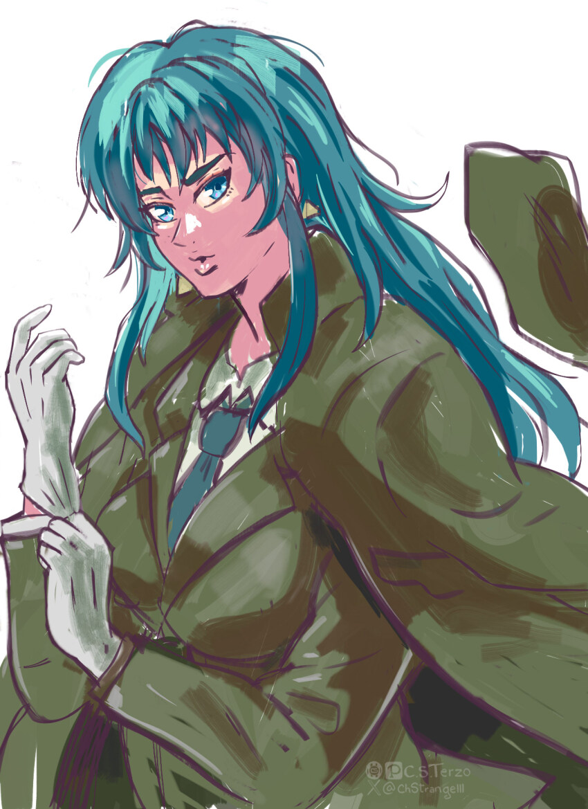 1girl blue_eyes blue_hair breasts chstrangelll coat coat_on_shoulders csterzo curvy earrings female_focus formal_clothes gloves highres jewelry large_breasts leather leona_heidern long_hair looking_at_viewer medium_breasts military pale_skin shirt standing suit the_king_of_fighters thick_lips white_shirt