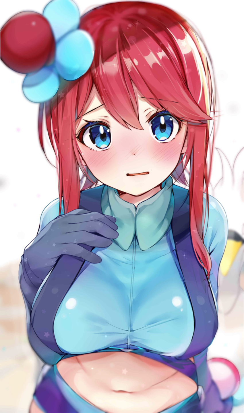 1girl absurdres bad_id bad_pixiv_id bird blue_eyes blush breasts commentary_request gen_5_pokemon gym_leader hair_between_eyes hair_ornament highres large_breasts looking_at_viewer midriff navel nintendo parted_lips pokemon pokemon_(creature) pokemon_bw red_hair rouka_(akatyann) sidelocks skyla_(pokemon) swan swanna