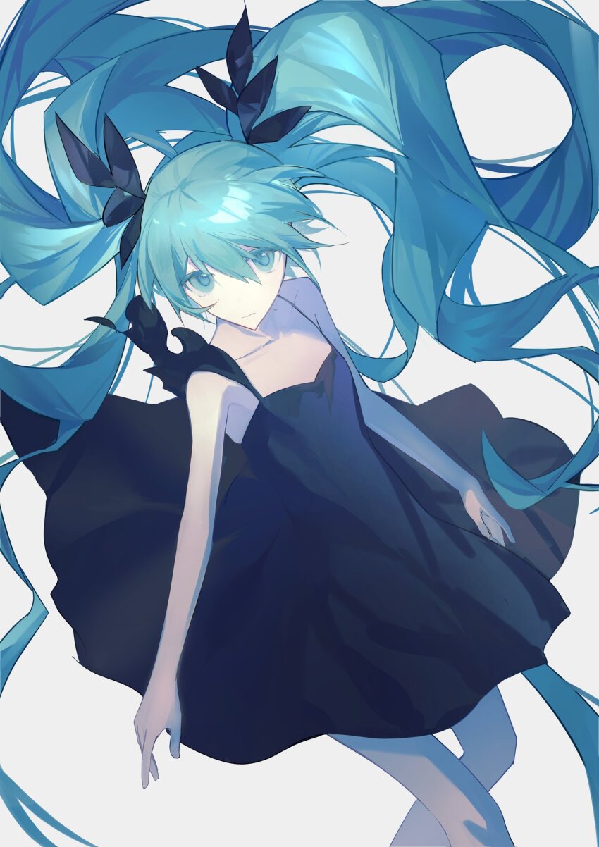 1girl a0akumu bare_arms black_dress blue_eyes blue_hair closed_mouth collarbone colored_eyelashes cowboy_shot dress expressionless flat_chest floating_clothes floating_hair hashtag-only_commentary hatsune_miku highres long_hair looking_at_viewer shinkai_shoujo_(vocaloid) short_dress simple_background single-shoulder_dress sleeveless sleeveless_dress solo twintails very_long_hair vocaloid white_background