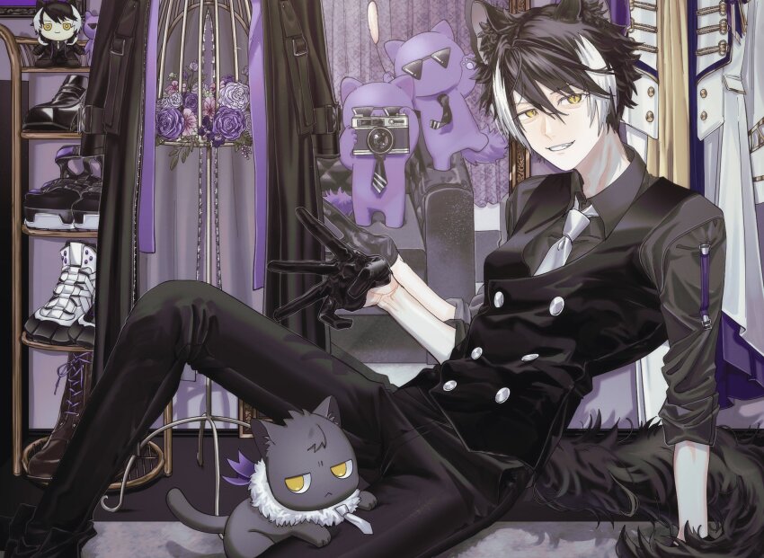 1boy animal_ears ankle_boots arm_support black_coat black_footwear black_gloves black_hair black_pants black_vest boots brown_footwear bukatachi_(kageyama_shien) buttons camera cat cat_teaser character_doll coat collared_shirt couch curtains doll double-breasted feet_out_of_frame flower full-length_mirror gloves grey_cat grey_shirt grin hair_between_eyes half_gloves highres holding holding_camera holostars jackal_boy jackal_ears jackal_tail kageyama_shien knee_up lace-up_boots looking_at_viewer male_focus mannequin middle_w mirror momiage_40 multicolored_hair necktie nekoyama_shien pants pink_flower purple_flower purple_rose reflection rose sandals shirt shoe_rack shoes short_hair sitting sleeves_rolled_up smile solo standing sunglasses tail taking_picture two-tone_hair unworn_boots unworn_coat unworn_sandals unworn_shoes vest violet_(flower) virtual_youtuber w white_coat white_footwear white_hair white_necktie yellow_eyes