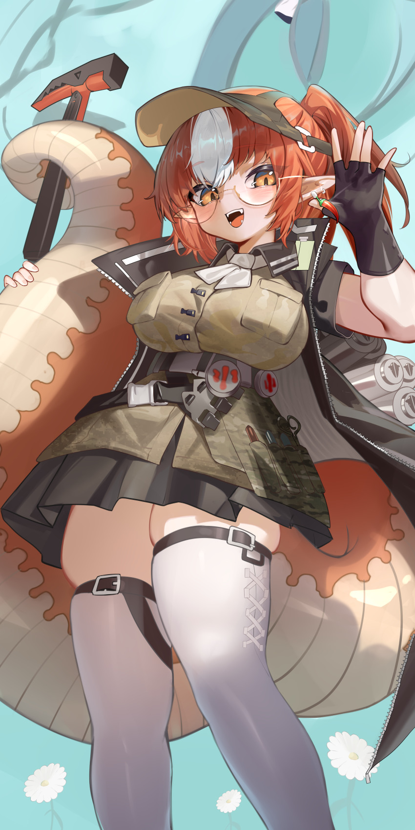 1girl :d absurdres aqua_background arknights ascot black_coat black_gloves black_skirt breasts brown-framed_eyewear brown_hat brown_shirt coat earrings fangs feet_out_of_frame fingerless_gloves glasses gloves hammer hands_up hat highres holding holding_hammer holding_own_tail holding_with_tail incredibly_absurdres jewelry large_breasts looking_at_viewer medium_hair miniskirt momobug22 multicolored_hair open_clothes open_coat open_mouth orange_eyes orange_hair pleated_skirt pointy_ears ponytail prehensile_tail reptile_girl semi-rimless_eyewear shirt skindentation skirt smile snake_tail solo tail thighhighs thighs two-tone_hair under-rim_eyewear visor_cap waving white_ascot white_hair white_thighhighs wulfenite_(arknights) zettai_ryouiki