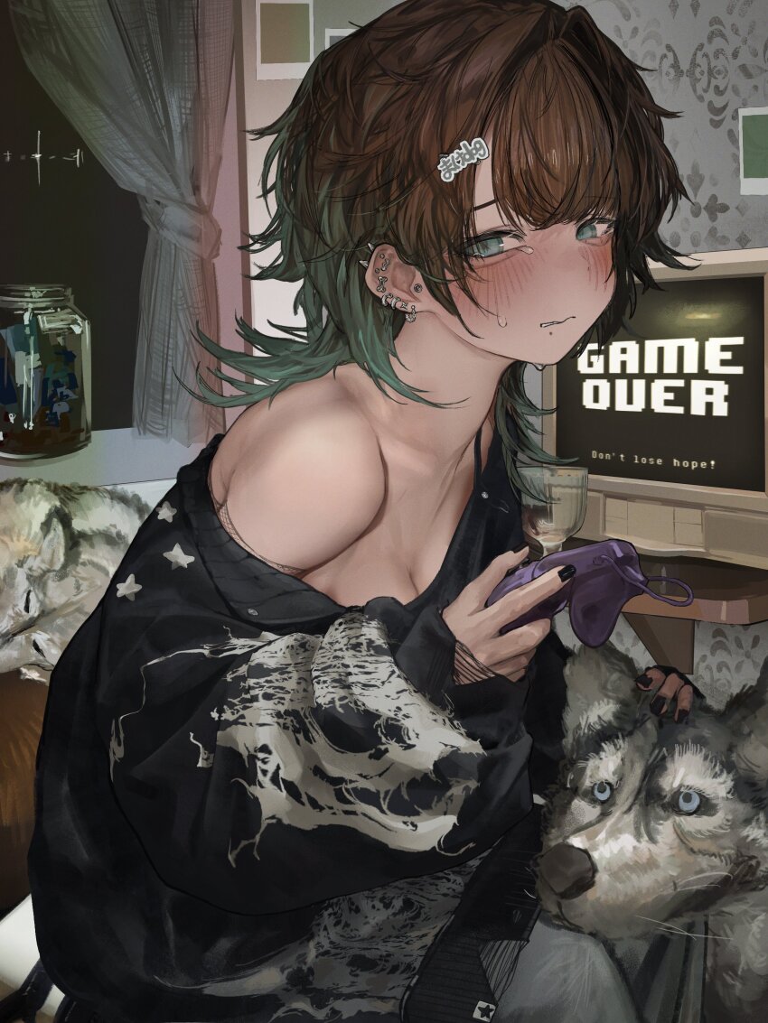 1girl absurdres aegyo_sal animal_ears black_sweater blue_eyes blue_hair breasts brown_hair cleavage commentary controller crying crying_with_eyes_open cup curtains ear_piercing earrings gaku game_controller game_over gradient_hair hair_ornament highres holding holding_controller holding_game_controller indoors jar jewelry looking_at_viewer medium_breasts mole_under_nose multicolored_hair off_shoulder original photo_(object) piercing solo sweater symbol-only_commentary tears wolf_ears
