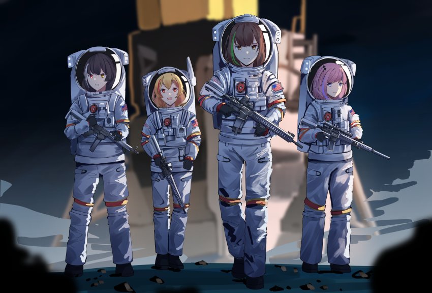 4girls absurdres anti-rain_(girls&#039;_frontline) ar-15 assault_rifle astronaut carbine colt_9mm_smg commission for_all_mankind gar32 girls&#039;_frontline gun helmet highres holding holding_gun holding_weapon m4_carbine m4_carbine m4_sopmod_ii_(girls&#039;_frontline) m4a1_(girls&#039;_frontline) moon multiple_girls on_moon parody rifle ro635_(girls&#039;_frontline) scope space space_helmet spacesuit st_ar-15_(girls&#039;_frontline) submachine_gun suppressor weapon