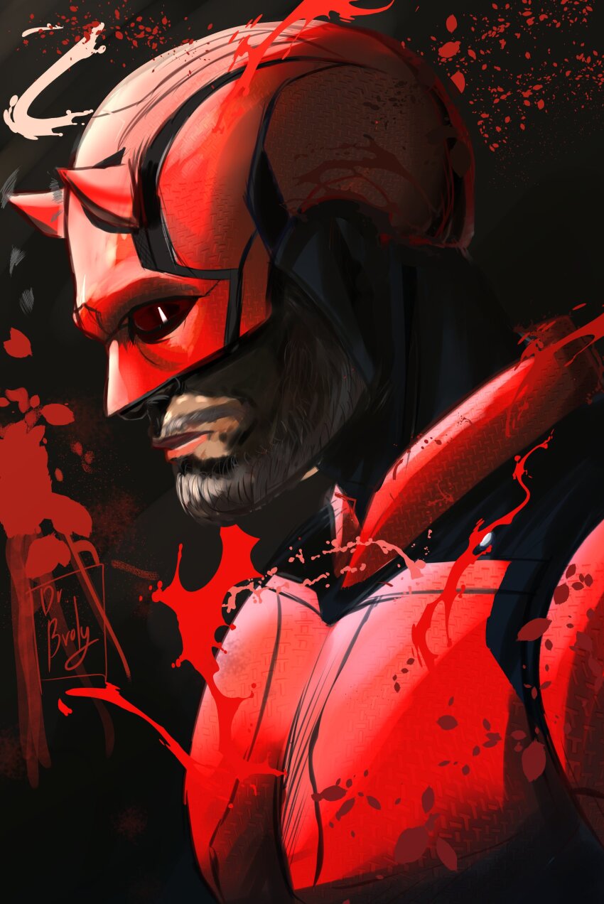 1boy absurdres blind bodysuit daredevil daredevil_(netflix) dr_broly facial_hair highres horned_mask male_focus marvel marvel_cinematic_universe mask matt_murdock red_bodysuit solo superhero_costume