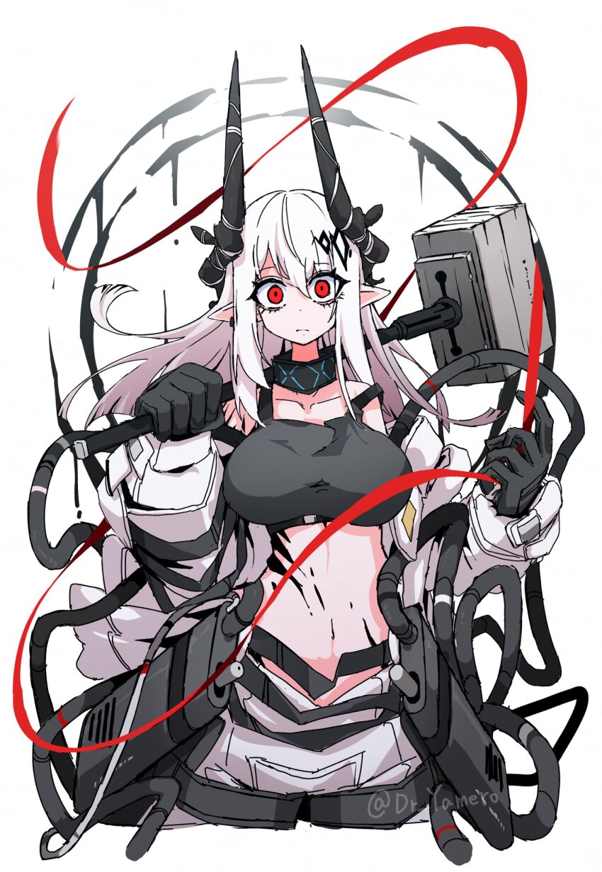 1girl arknights black_eyeliner black_gloves black_horns black_sports_bra breasts closed_mouth demon_horns dr_yamero expressionless eyeliner gloves hammer highres holding holding_hammer holding_weapon horns jumpsuit large_breasts long_sleeves looking_at_viewer makeup material_growth mudrock_(arknights) navel open_jumpsuit oripathy_lesion_(arknights) pointy_ears red_eyes simple_background sledgehammer solo sports_bra strap_slip twitter_username weapon white_background white_jumpsuit