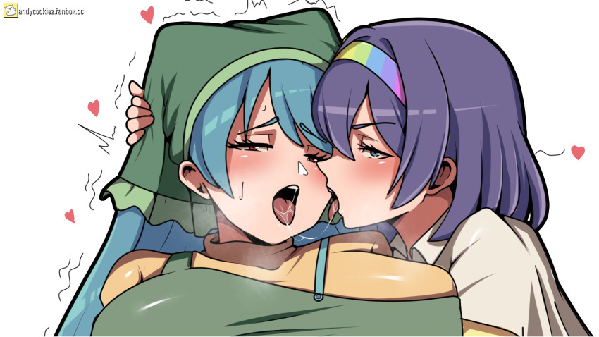 andycookiez blue_hair breasts french_kiss haniyasushin_keiki kiss long_hair looking_at_viewer purple_eyes purple_hair red_eyes saliva saliva_trail short_hair tenkyuu_chimata tongue tongue_out touhou white_background yuri