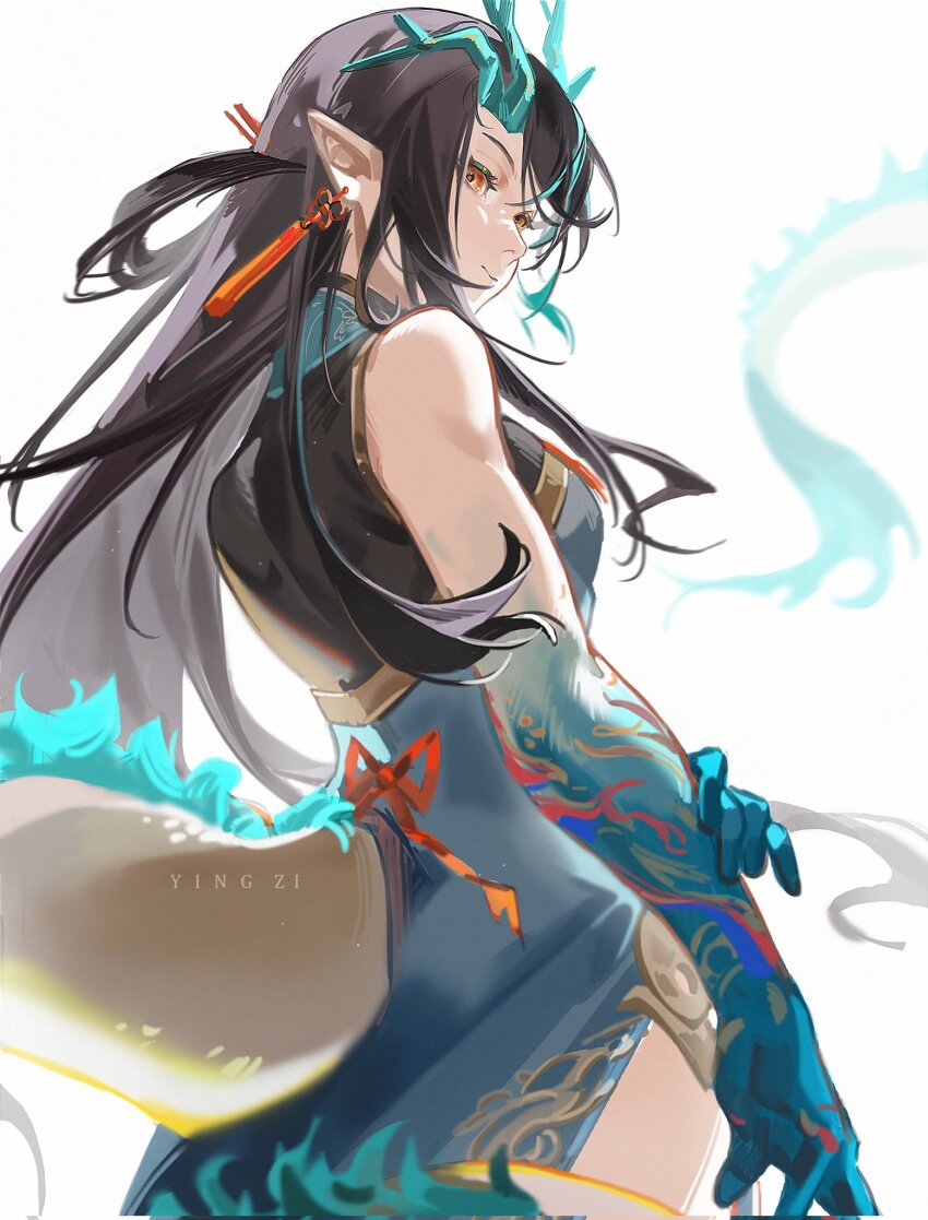 1girl arknights black_hair china_dress chinese_clothes colored_extremities colored_skin dragon_girl dragon_horns dragon_tail dress dusk_(arknights) dusk_(everything_is_a_miracle)_(arknights) earrings eastern_dragon_tail gradient_skin green_hands green_horns green_skin highres horns jewelry looking_at_viewer looking_back pointy_ears red_eyes sleeveless sleeveless_dress tail tassel tassel_earrings yingzi