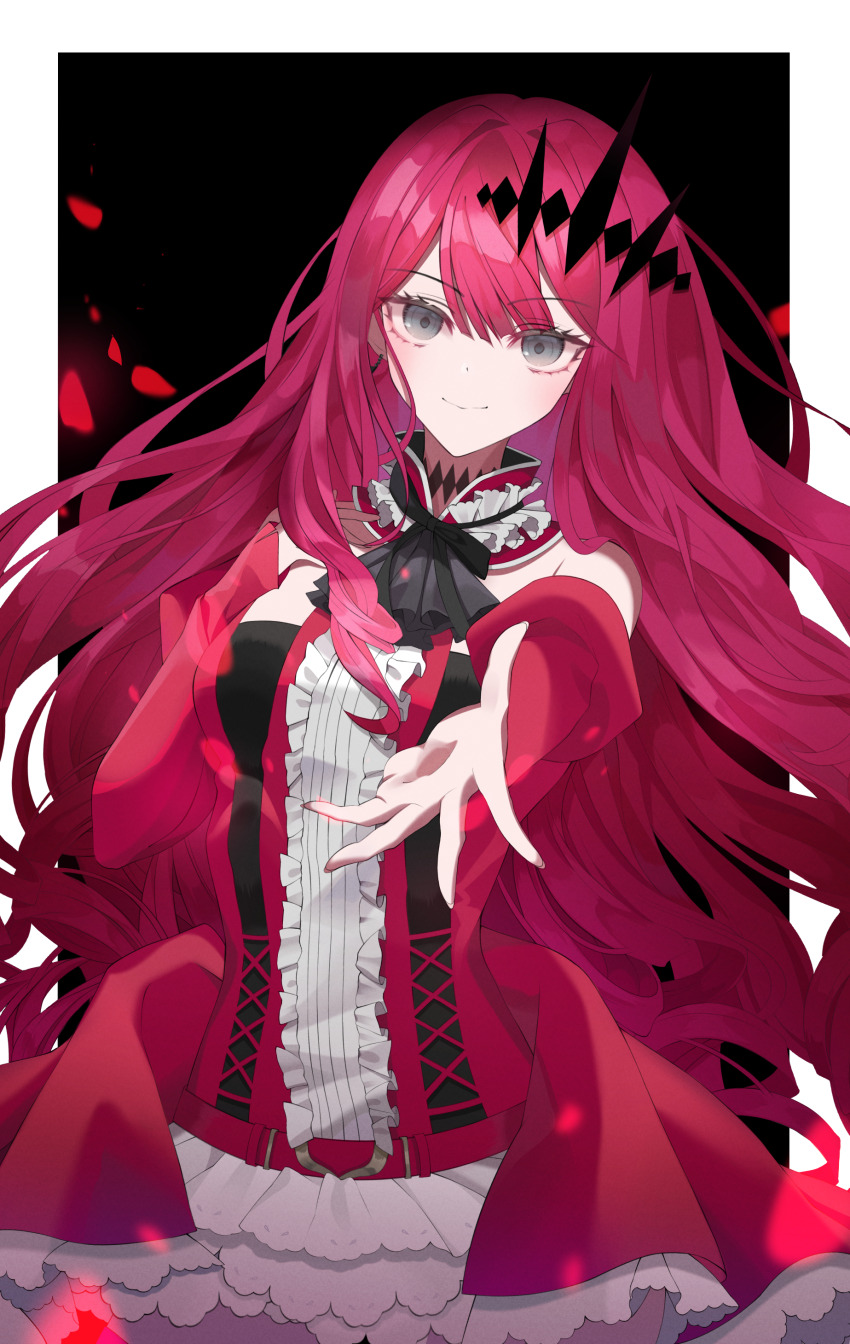 1girl absurdres ascot baobhan_sith_(fate) baobhan_sith_(first_ascension)_(fate) bare_shoulders black_ascot black_background breasts center_frills commentary detached_sleeves dress earrings fate/grand_order fate_(series) fingernails frills grey_eyes hair_ornament highres jewelry kuroge3814 long_hair long_sleeves looking_at_viewer outstretched_arm pointy_ears red_dress red_hair simple_background smile solo