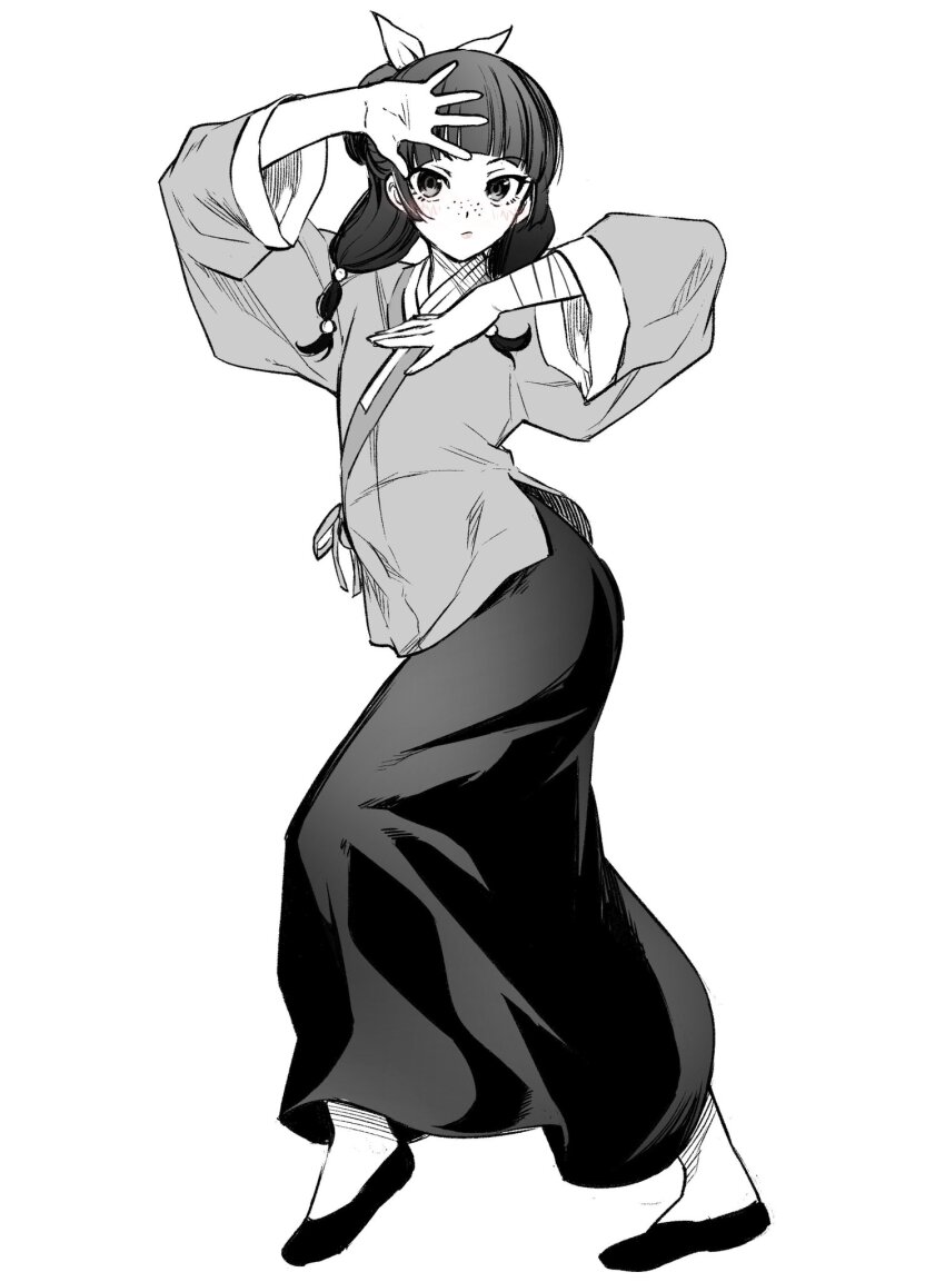 1girl bandages chinese_clothes commentary expressionless eyelashes freckles greyscale hair_ornament higashikata_josuke&#039;s_pose_(jojo) highres jojo_pose kusuriya_no_hitorigoto looking_at_viewer low_twintails maomao_(kusuriya_no_hitorigoto) medium_hair monochrome solo standing sukeno_yoshiaki symbol-only_commentary twintails