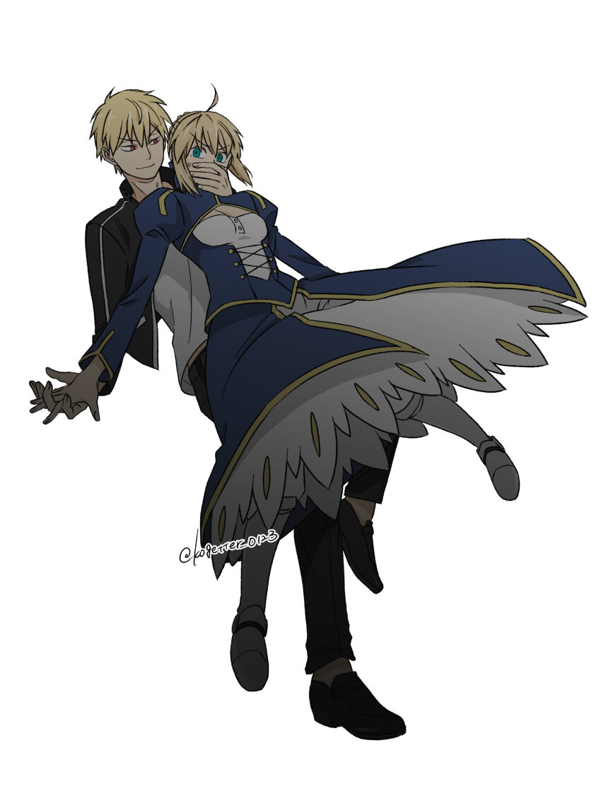 1boy 1girl ahoge artoria_pendragon_(fate) black_jacket blonde_hair blue_dress commentary_request covering_another&#039;s_mouth dress evil_smile fate/stay_night fate/unlimited_blade_works fate_(series) gilgamesh_(fate) gilgamesh_(immoral_biker_jacket)_(fate) green_eyes hand_grab highres jacket long_dress moonlight_0423 red_eyes saber_(fate) smile twitter_username