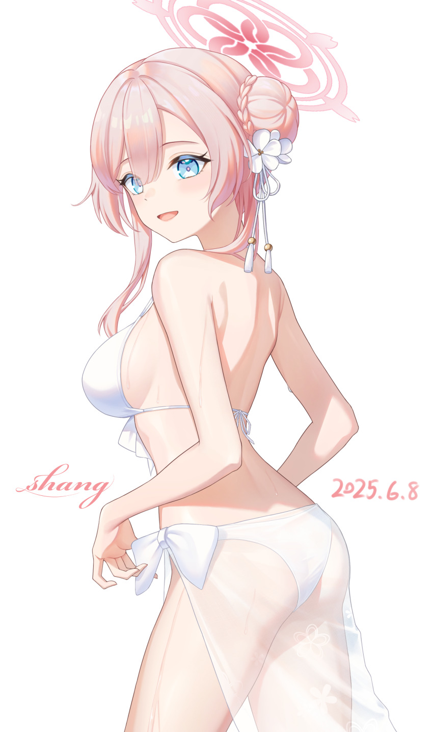 1girl absurdres artist_name ass bikini blue_archive blue_eyes blush bow bow_bikini breasts bun_with_braided_base commentary_request dated fu_shang hair_between_eyes hair_bun halo highres large_breasts looking_at_viewer mimori_(blue_archive) mimori_(swimsuit)_(blue_archive) official_alternate_costume official_alternate_hairstyle open_mouth pink_hair pink_halo sarong see-through_clothes see-through_sarong simple_background single_hair_bun single_side_bun solo swimsuit white_background white_bikini white_bow