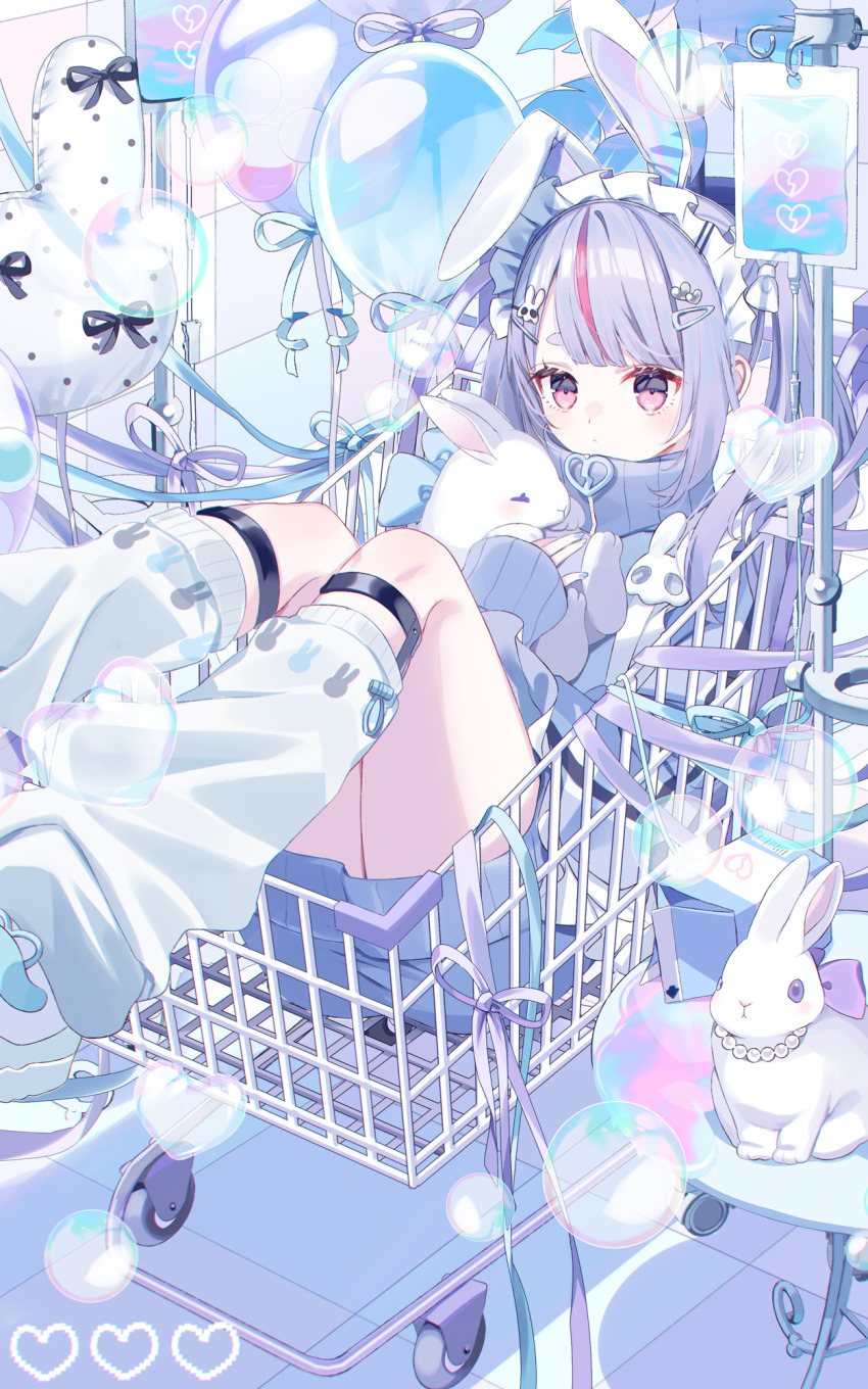 animal_ears balloon bubble cattleya_regina_games fake_animal_ears grey_hair hair_ornament hairpin highres intravenous_drip iv_stand jacket long_sleeves loose_socks maid_headdress milk_carton misumi_(macaroni) multicolored_hair multiple_hairpins nail_polish pink_hair purple_eyes rabbit rabbit_ears ribbon shopping_cart socks streaked_hair thick_eyebrows tosaki_mimi tosaki_mimi_(4th_costume) track_jacket twintails virtual_youtuber vspo!