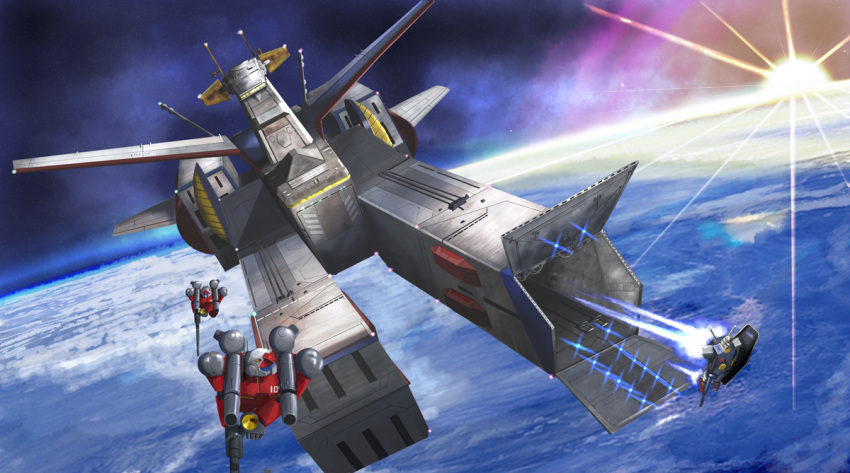 bad_id bad_pixiv_id beam_rifle cannon earth_(planet) energy_gun fleet guncannon gundam i.t.o_daynamics launching light_rays mecha mobile_suit_gundam orbit planet realistic robot rx-78-2_gundam science_fiction shield space spacecraft sun sunbeam sunlight sunrise weapon white_base zero_gravity