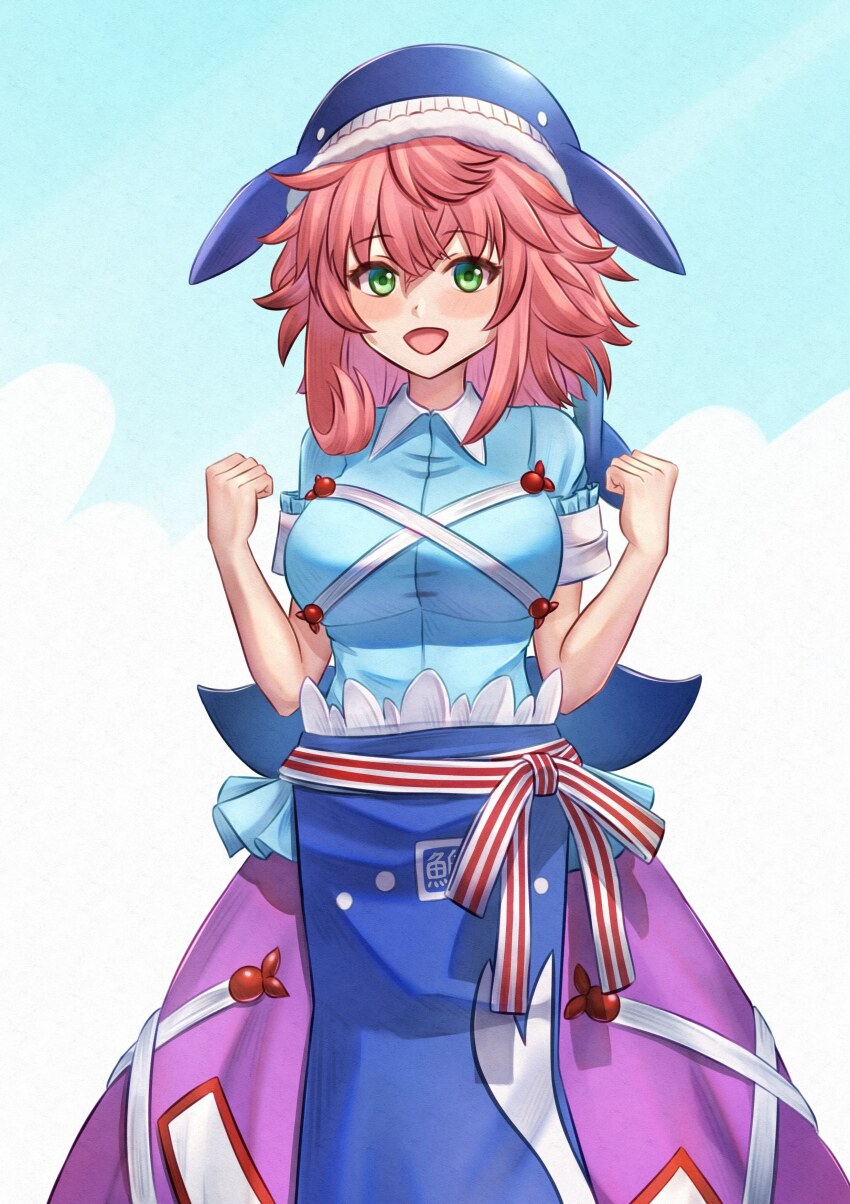 1girl absurdres animal_print apron asymmetrical_hair blue_apron blue_hat blue_shirt blush breasts commentary cowboy_shot cross-laced_clothes fish_print green_hair hat highres looking_at_viewer medium_hair mikotouca okunoda_miyoi open_mouth pink_hair purple_skirt shirt skirt smile solo touhou variant_set whale_hat whale_print
