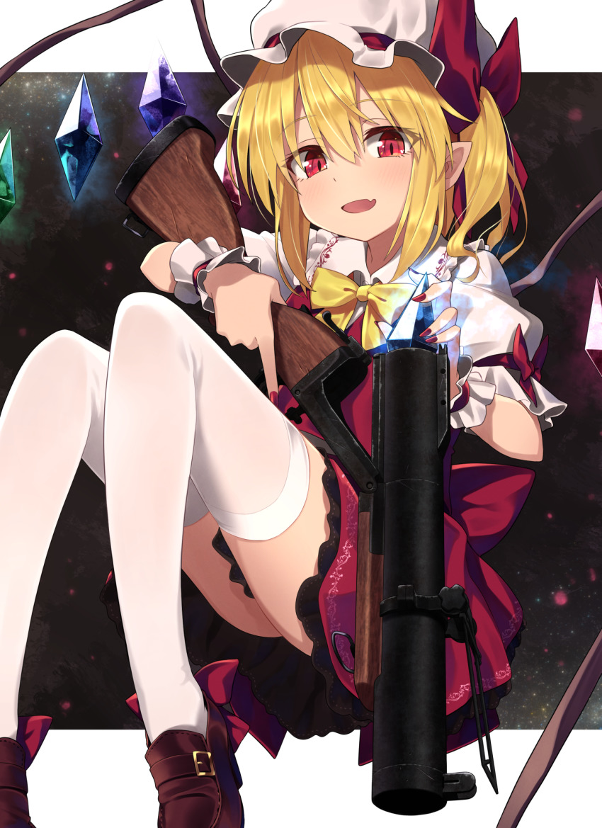 1girl blonde_hair bow break-action_grenade_launcher break_action breasts brown_shoes commentary crystal dress fang fingernails flandre_scarlet footwear_bow glowing greenkohgen grenade_launcher gun hat highres holding holding_gun holding_weapon knees_up light_blush long_fingernails m79 medium_hair mob_cap nail_polish open_mouth pointy_ears red_bow red_dress red_eyes red_nails reloading shoes short_sleeves side_ponytail skin_fang smile solo thighhighs touhou trigger_discipline weapon white_background white_thighhighs wings wrist_cuffs yellow_neckwear