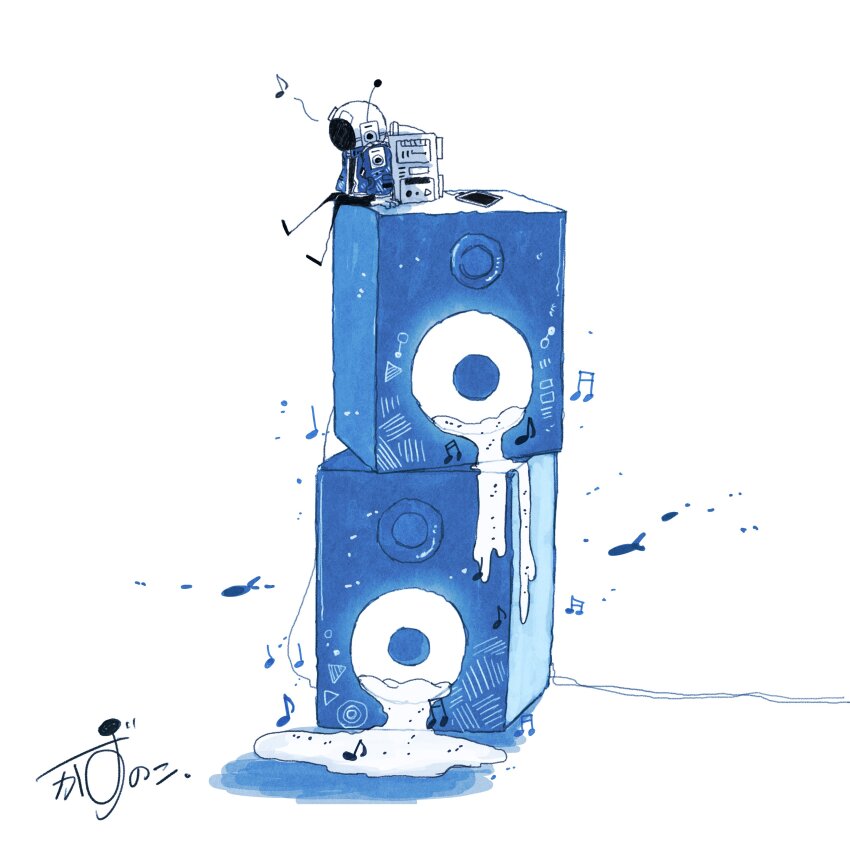 1other absurdres artist_name backpack bag beamed_sixteenth_notes blue_jacket cable commentary eighth_note fish flying_fish foot_dangle gloves glowing helmet highres jacket kazunoko_(kazunoko_zunoco) liquid mini_person music musical_note original puddle quarter_note radio_antenna signature simple_background solo space_helmet speaker white_background white_gloves